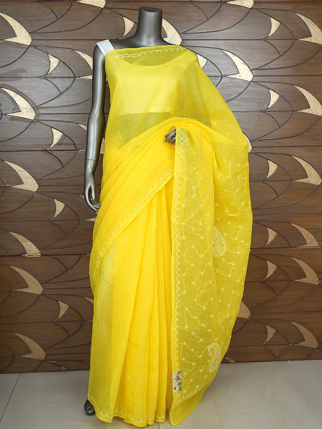 Ada Hand Embroidered Yellow Cotton Lucknowi Chikankari Saree and Blouse 01A882886