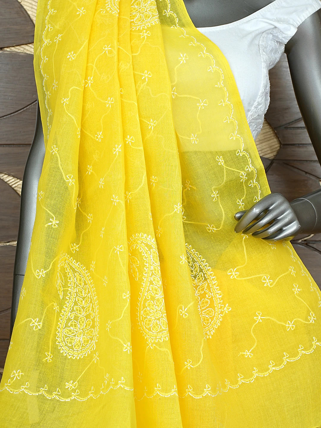 Ada Hand Embroidered Yellow Cotton Lucknowi Chikankari Saree and Blouse 01A882886