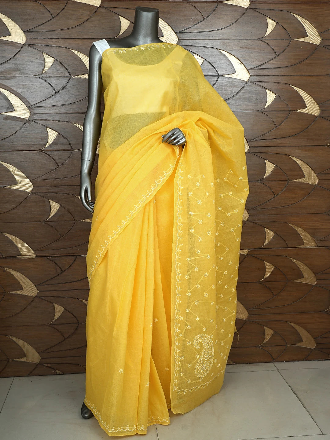 Ada Hand Embroidered Yellow Cotton Lucknowi Chikankari Saree and Blouse 01A882883