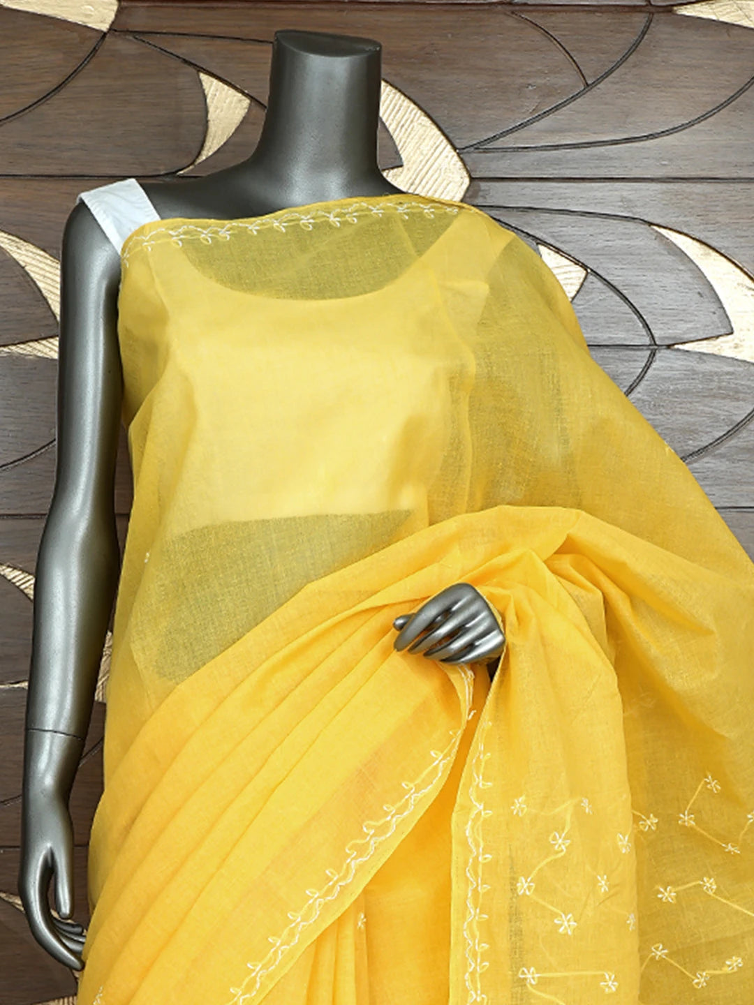 Ada Hand Embroidered Yellow Cotton Lucknowi Chikankari Saree and Blouse 01A882883