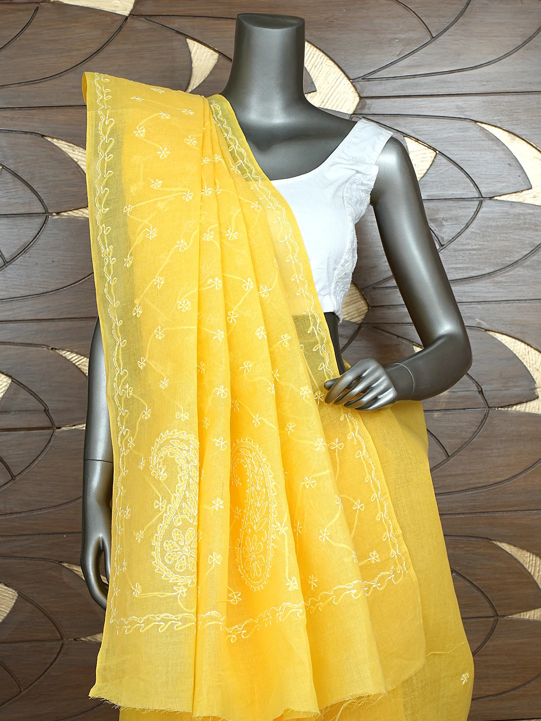 Ada Hand Embroidered Yellow Cotton Lucknowi Chikankari Saree and Blouse 01A882883