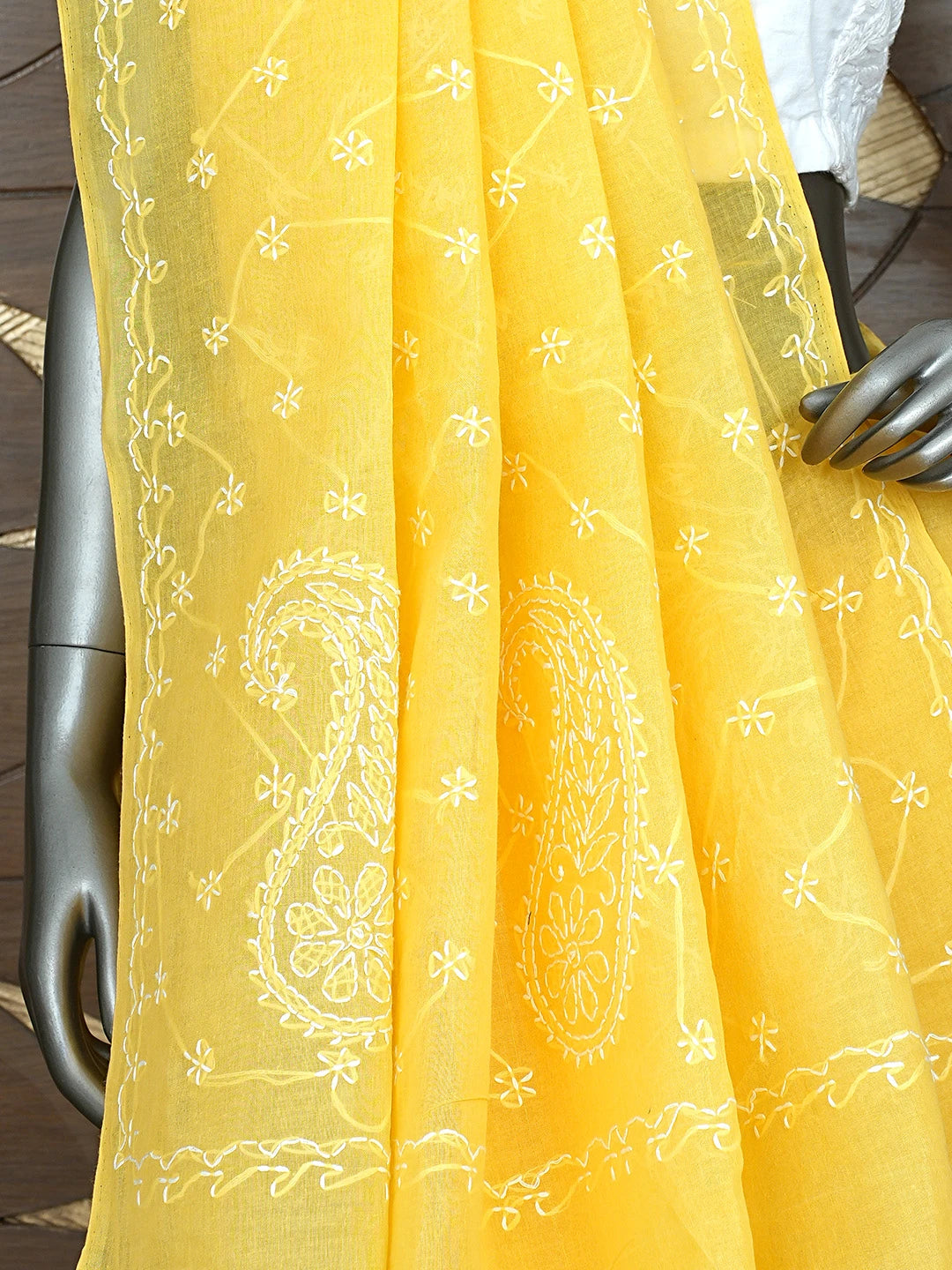 Ada Hand Embroidered Yellow Cotton Lucknowi Chikankari Saree and Blouse 01A882883