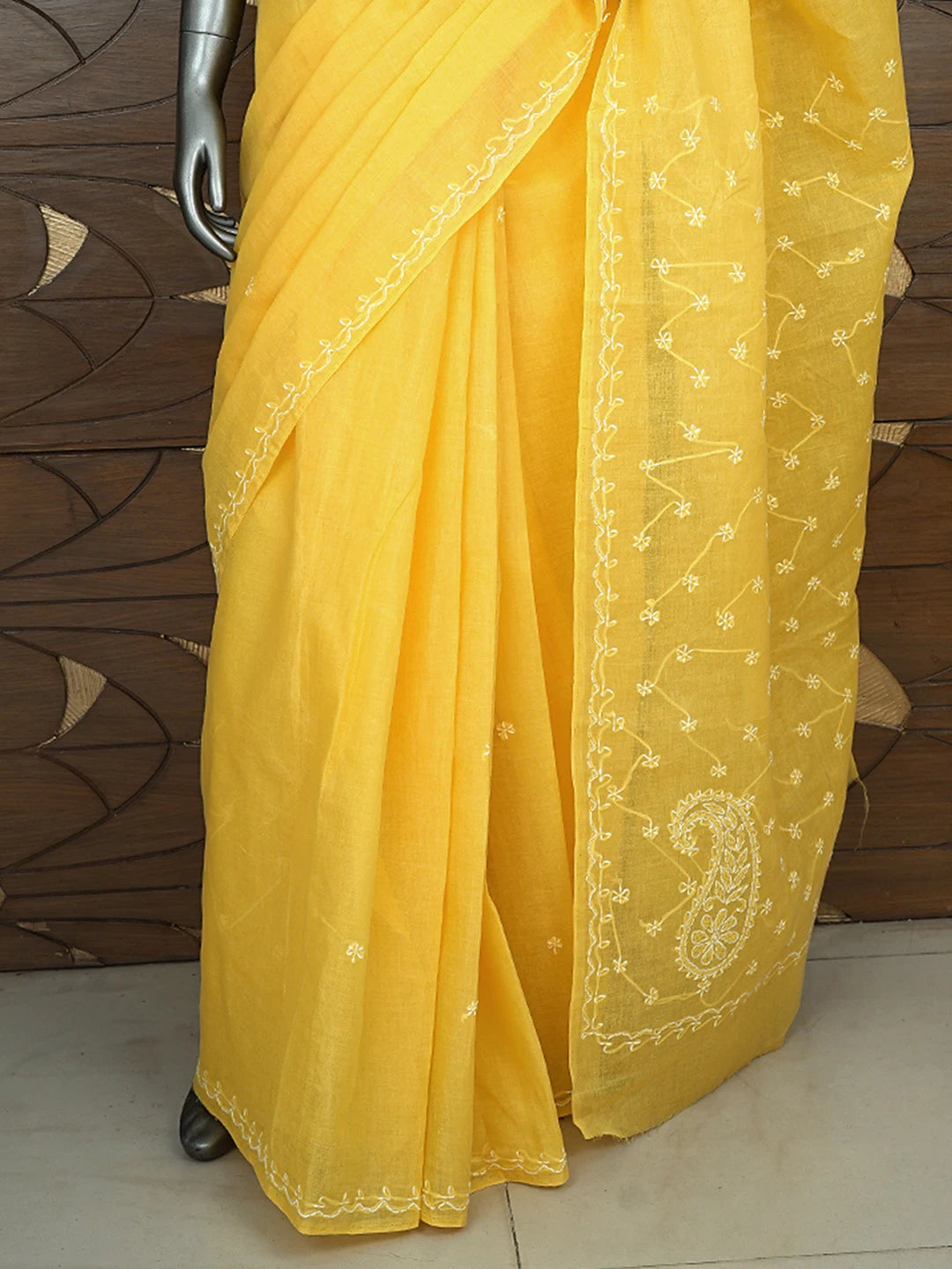 Ada Hand Embroidered Yellow Cotton Lucknowi Chikankari Saree and Blouse 01A882883