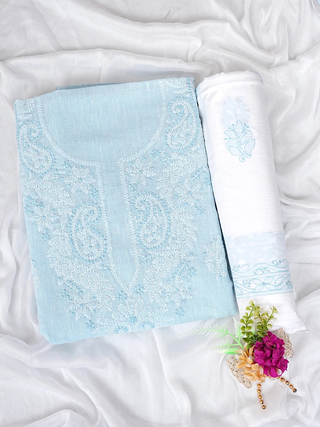 Ada Hand Embroidered Sky Blue Linen Lucknowi Chikankari Unstitched Suit Piece 01A885312