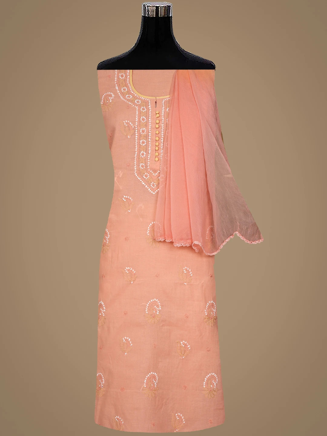 Ada Hand Embroidered Peach Cotton Lucknowi Chikankari Unstitched Suit Piece 01A879669