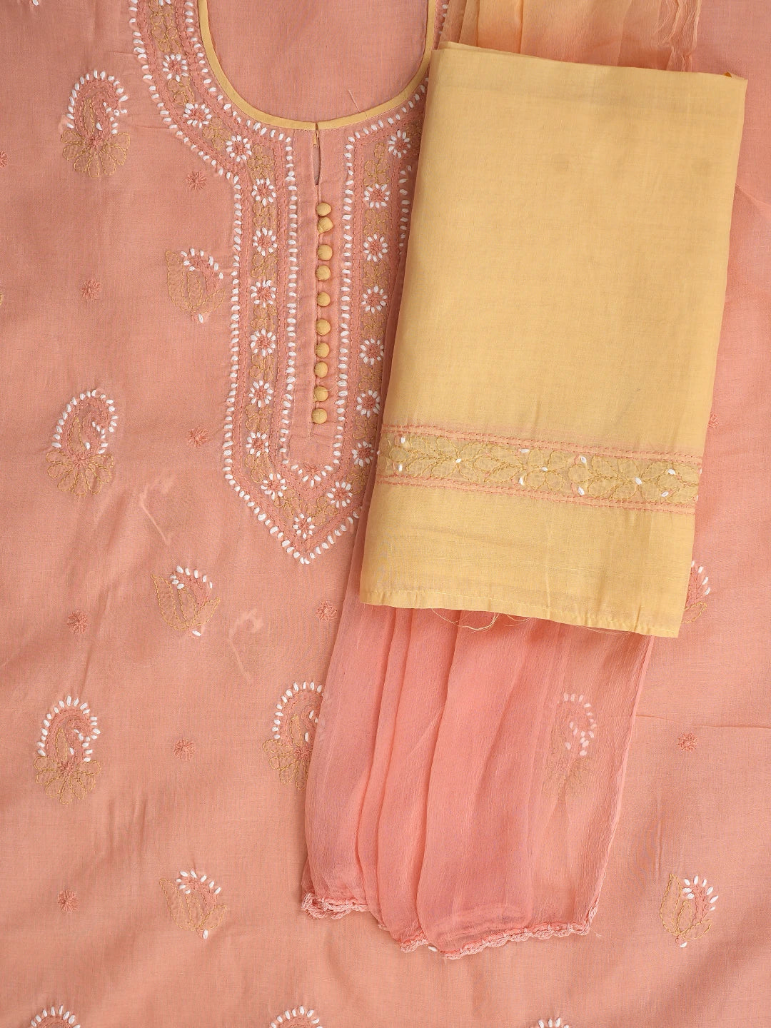 Ada Hand Embroidered Peach Cotton Lucknowi Chikankari Unstitched Suit Piece 01A879669