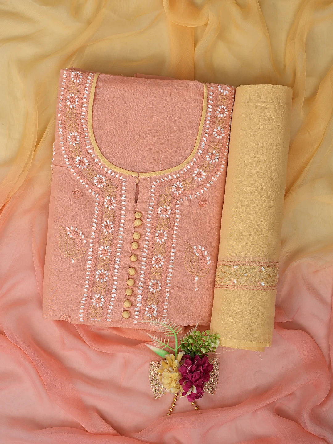 Ada Hand Embroidered Peach Cotton Lucknowi Chikankari Unstitched Suit Piece 01A879669