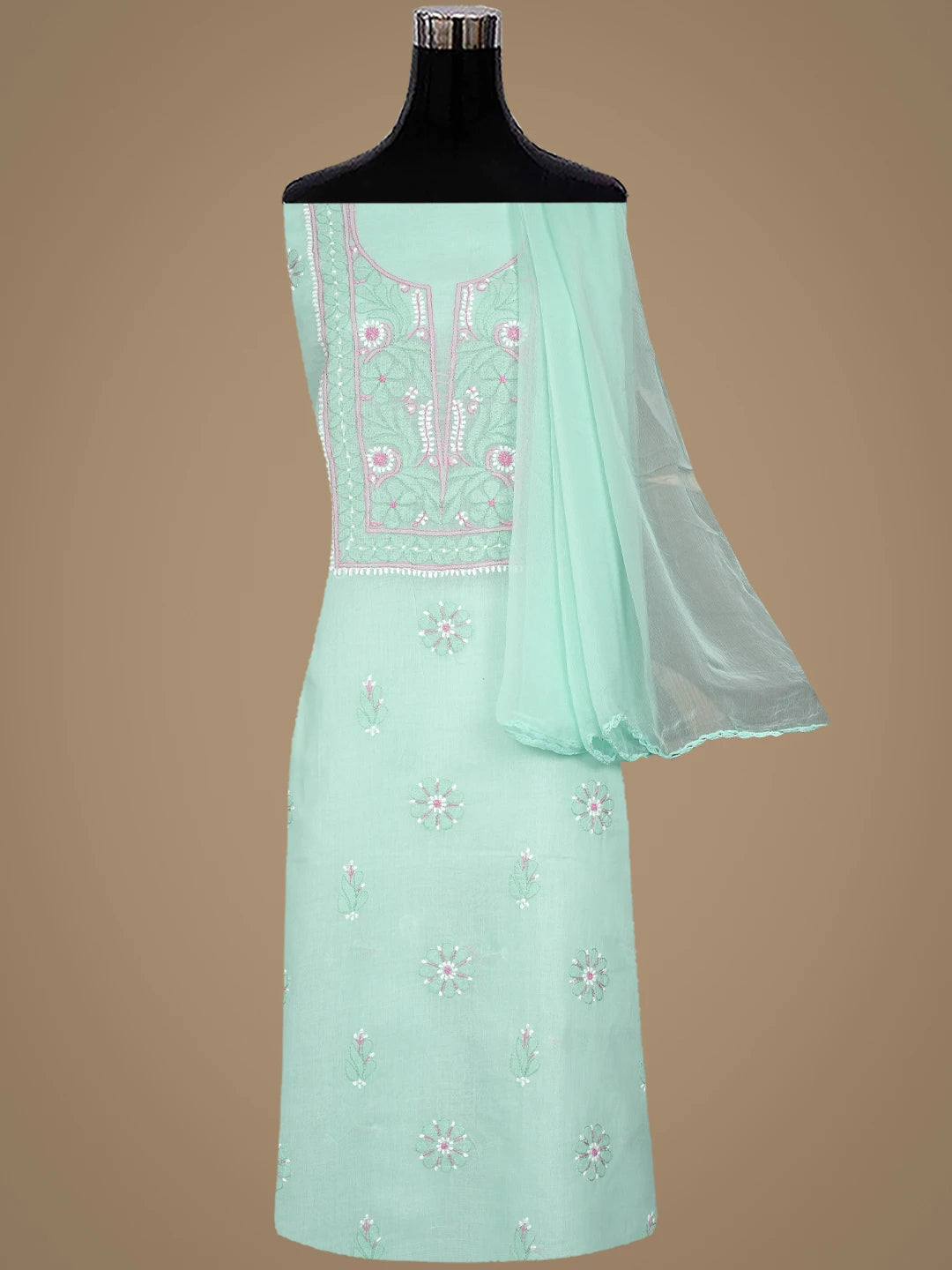 Ada Hand Embroidered Sea Green Cotton Lucknowi Chikankari Unstitched Suit Piece 01A879346