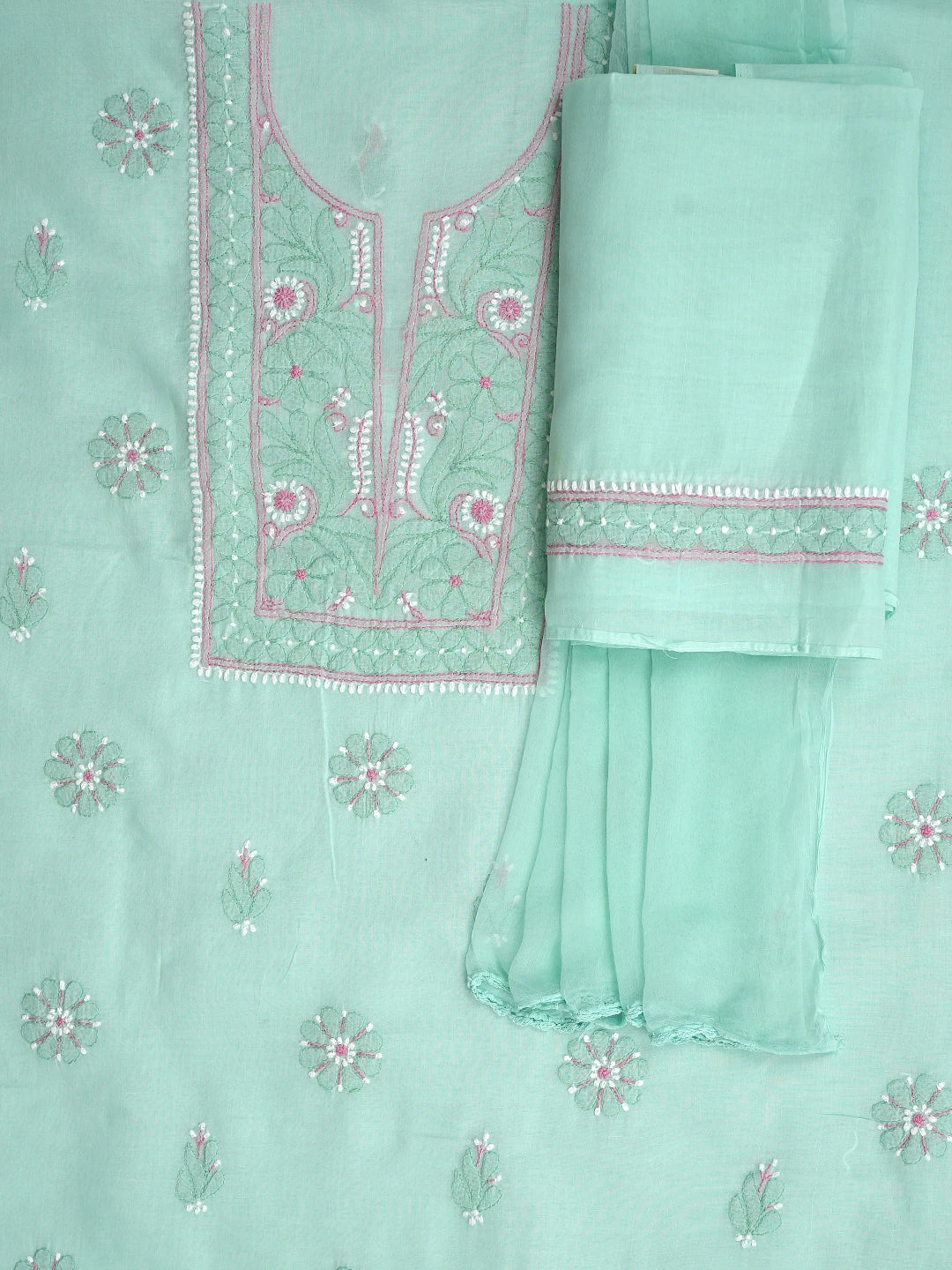 Ada Hand Embroidered Sea Green Cotton Lucknowi Chikankari Unstitched Suit Piece 01A879346