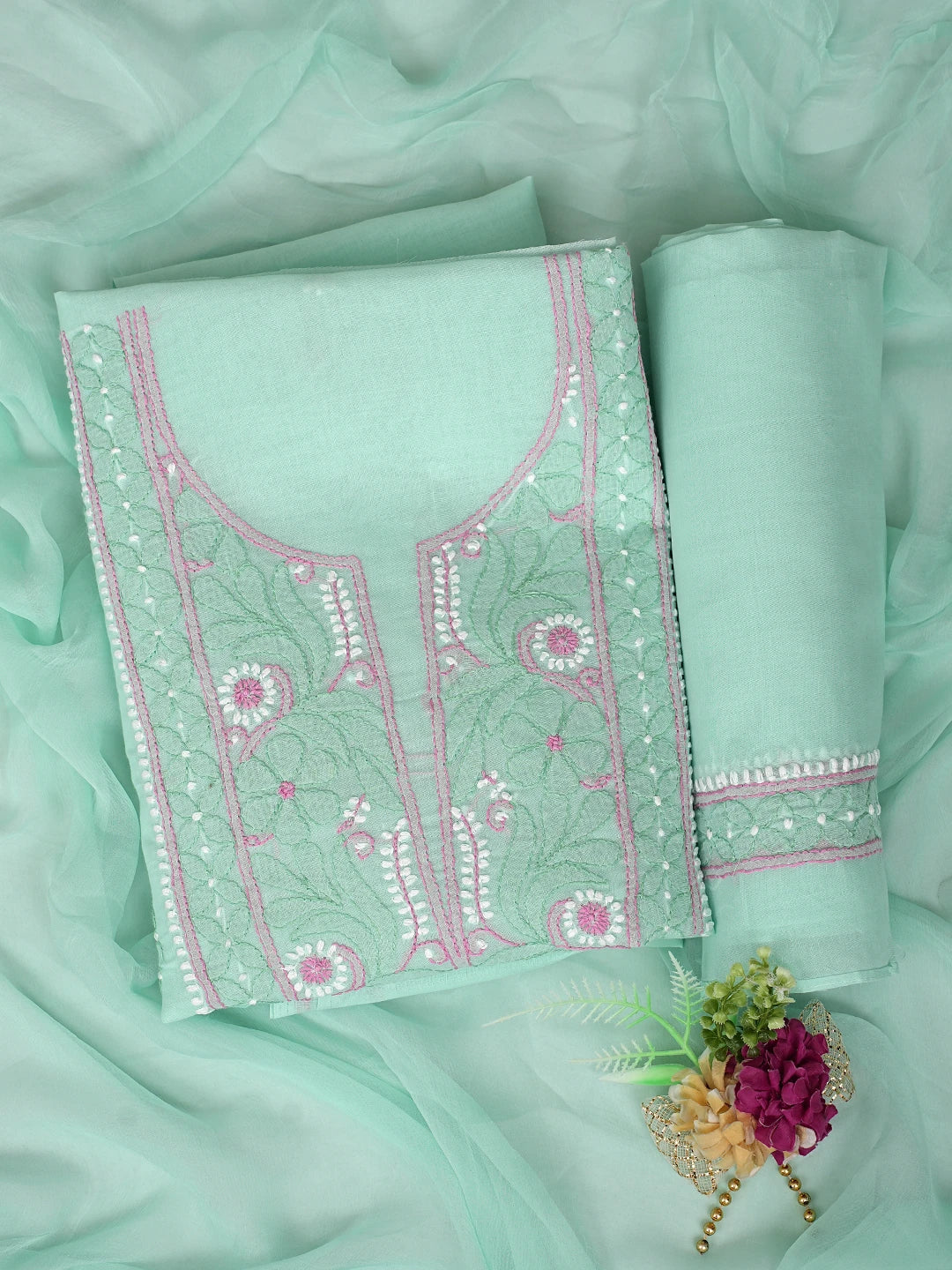 Ada Hand Embroidered Sea Green Cotton Lucknowi Chikankari Unstitched Suit Piece 01A879346