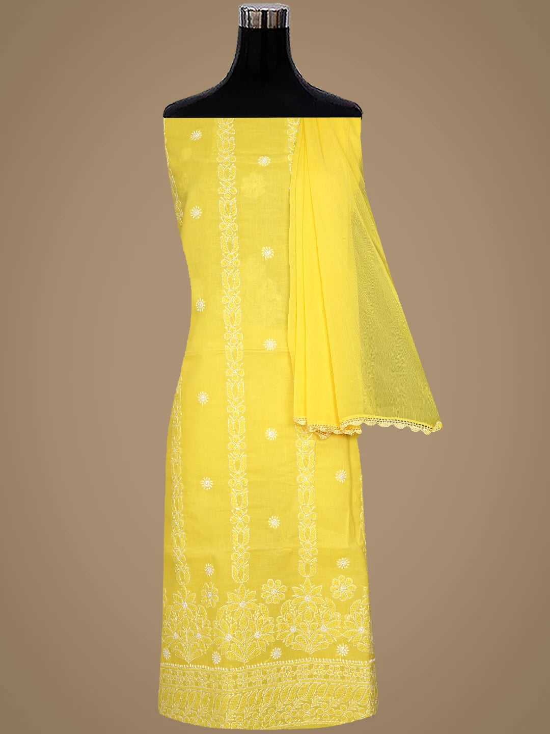Ada Hand Embroidered Yellow Cotton Lucknowi Chikankari Unstitched Suit Piece 01A881412