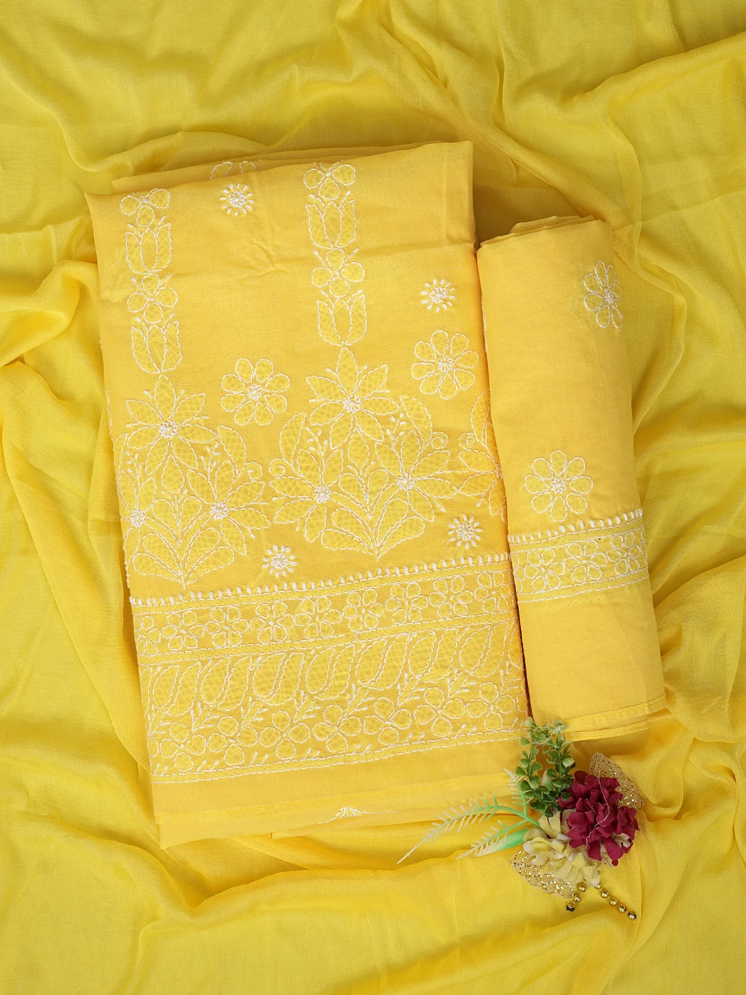 Ada Hand Embroidered Yellow Cotton Lucknowi Chikankari Unstitched Suit Piece 01A881412