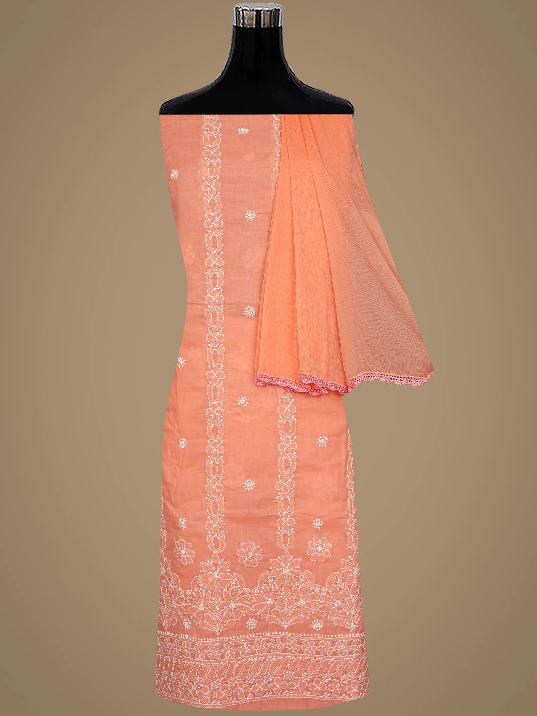 Ada Hand Embroidered Peach Cotton Lucknowi Chikankari Unstitched Suit Piece 01A881407
