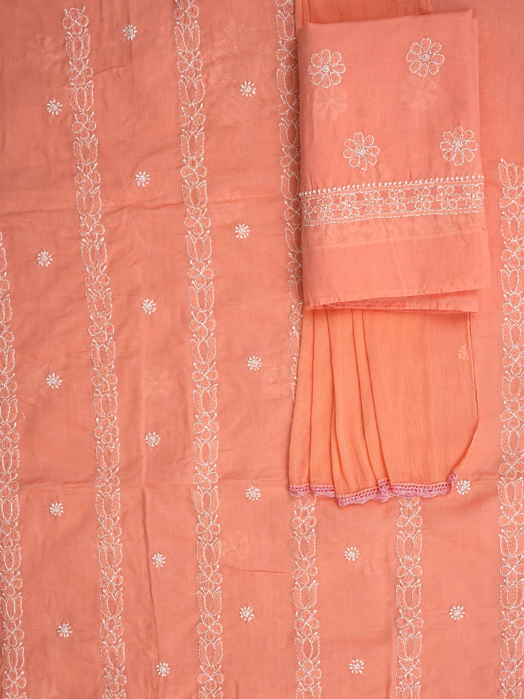Ada Hand Embroidered Peach Cotton Lucknowi Chikankari Unstitched Suit Piece 01A881407