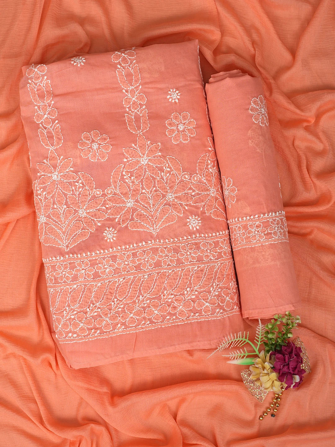 Ada Hand Embroidered Peach Cotton Lucknowi Chikankari Unstitched Suit Piece 01A881407