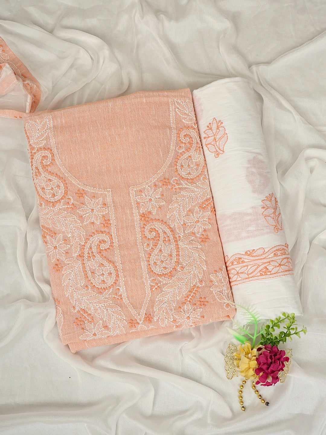 Ada Hand Embroidered Peach Linen Lucknowi Chikankari Unstitched Suit Piece 01A885297