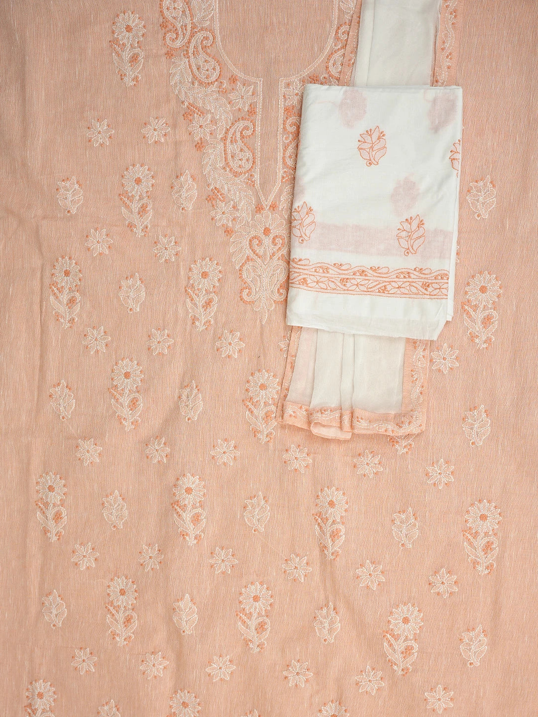 Ada Hand Embroidered Peach Linen Lucknowi Chikankari Unstitched Suit Piece 01A885297
