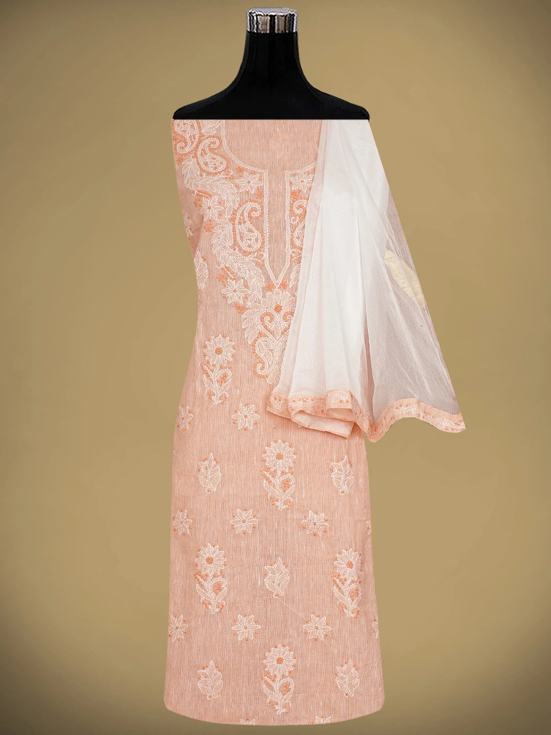 Ada Hand Embroidered Peach Linen Lucknowi Chikankari Unstitched Suit Piece 01A885297