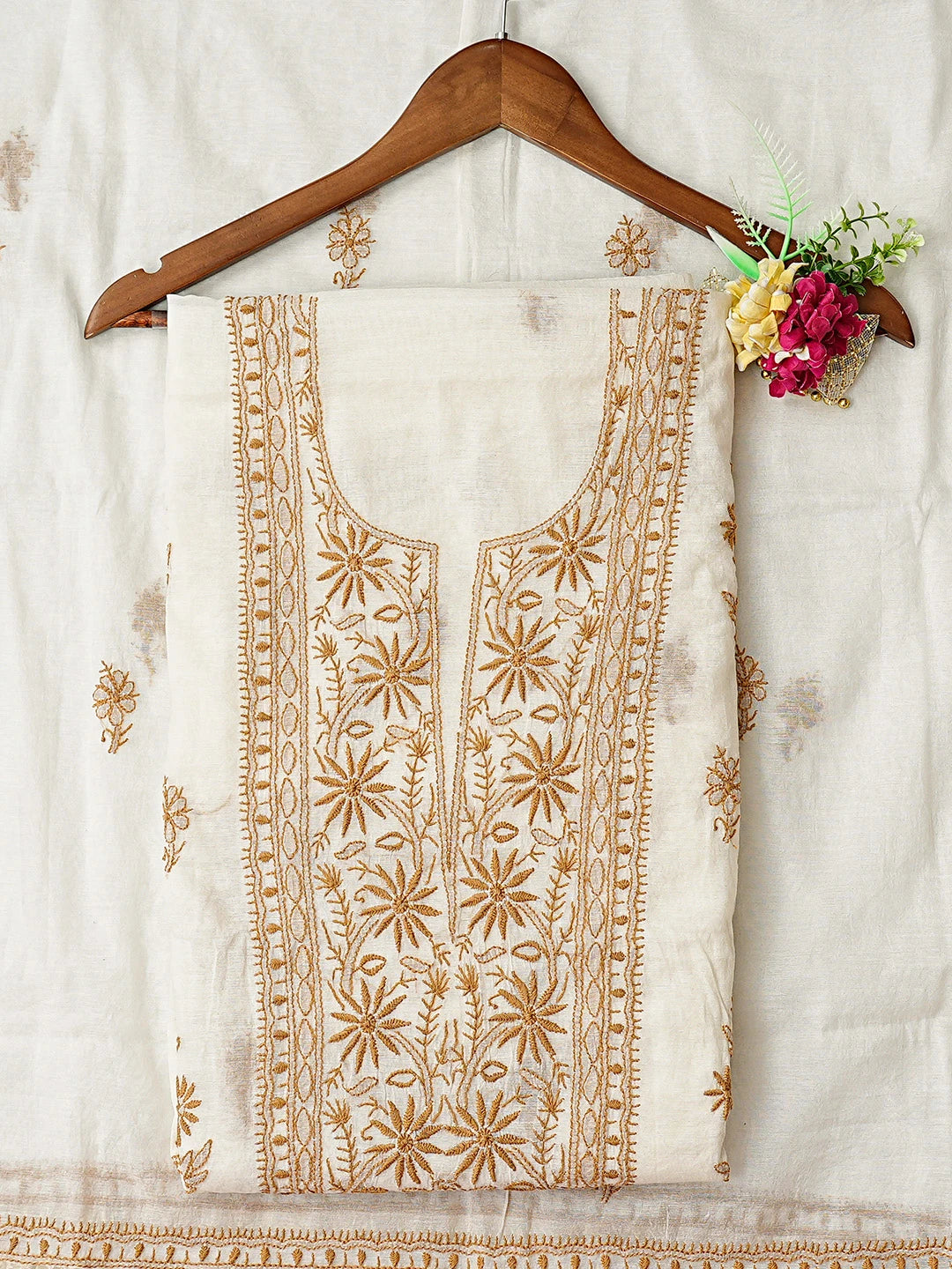 Ada Hand Embroidered White Chanderi Lucknowi Chikankari Unstitched Kurta Dupatta Set 01A883130