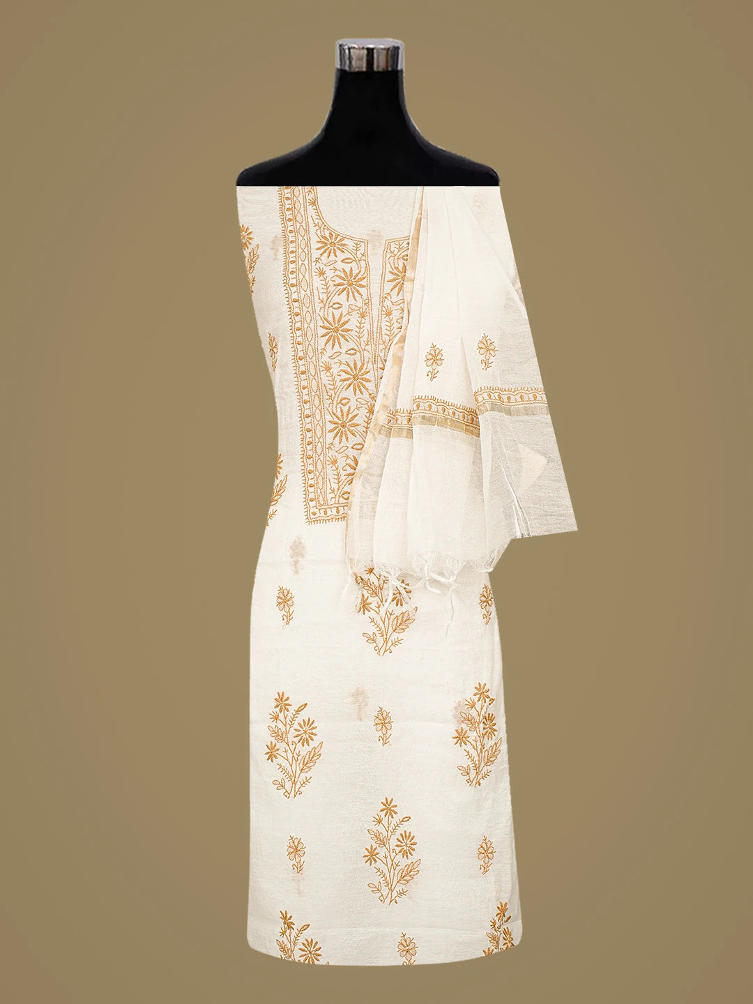 Ada Hand Embroidered White Chanderi Lucknowi Chikankari Unstitched Kurta Dupatta Set 01A883130
