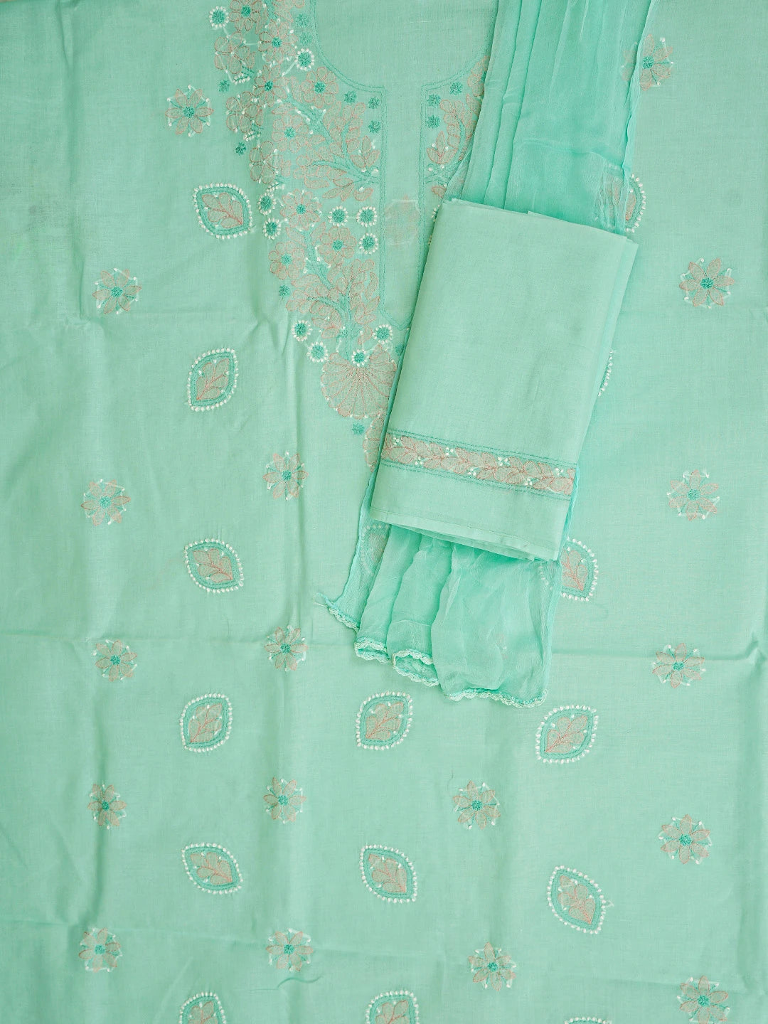 Ada Hand Embroidered Sea Green Cotton Lucknowi Chikankari Unstitched Suit Piece 01A879347