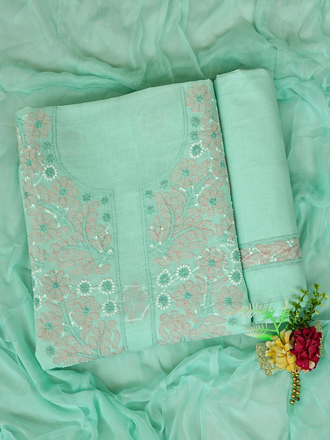 Ada Hand Embroidered Sea Green Cotton Lucknowi Chikankari Unstitched Suit Piece 01A879347