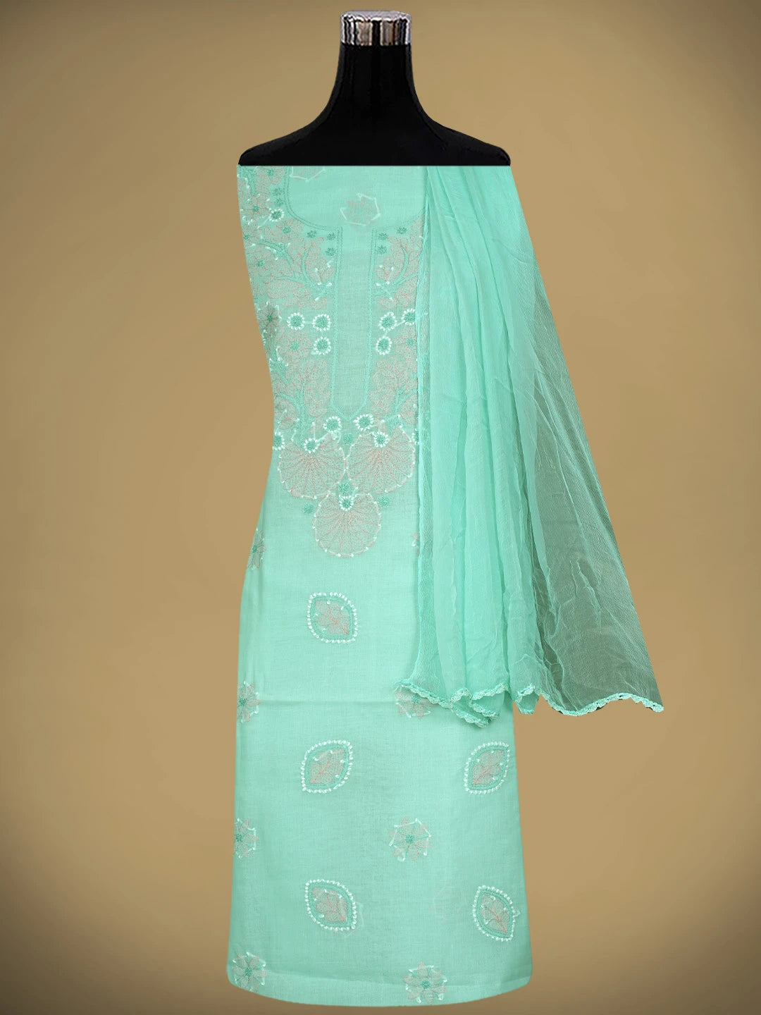 Ada Hand Embroidered Sea Green Cotton Lucknowi Chikankari Unstitched Suit Piece 01A879347