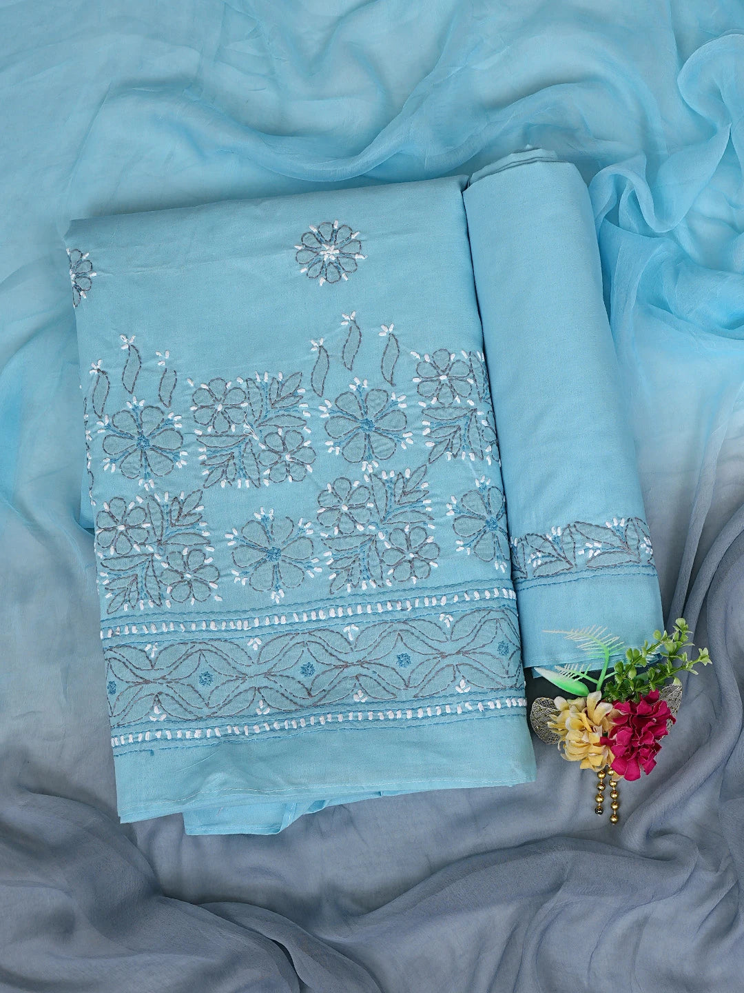 Ada Hand Embroidered Blue Cotton Lucknowi Chikankari Unstitched Suit Piece 01A882409