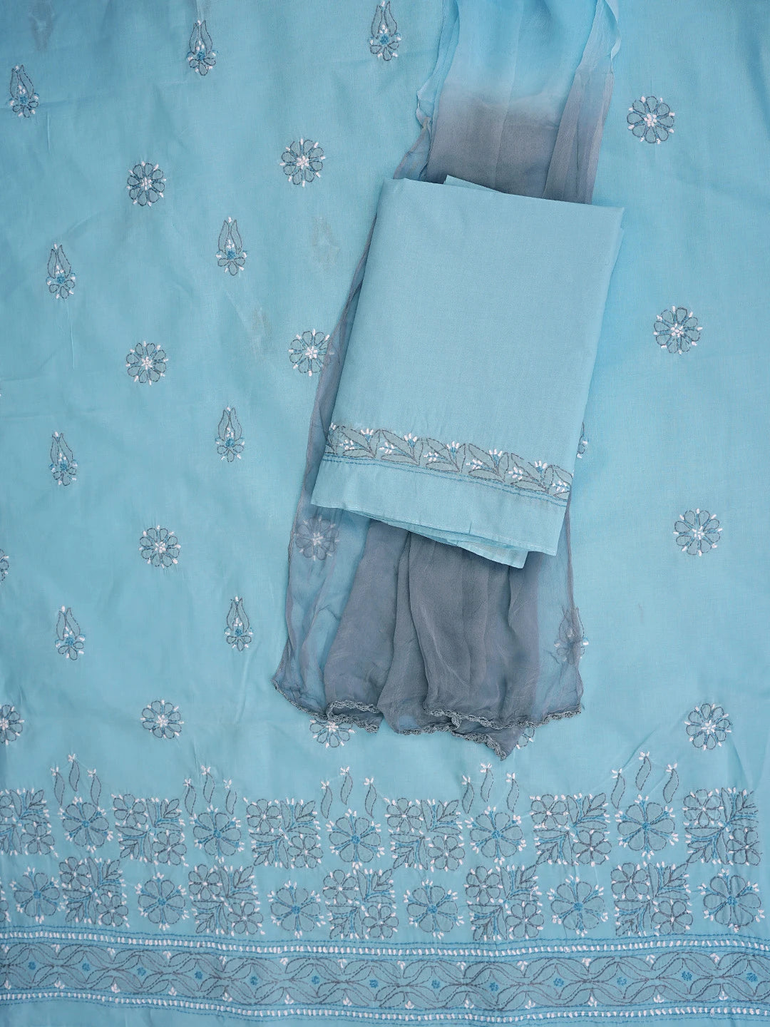 Ada Hand Embroidered Blue Cotton Lucknowi Chikankari Unstitched Suit Piece 01A882409