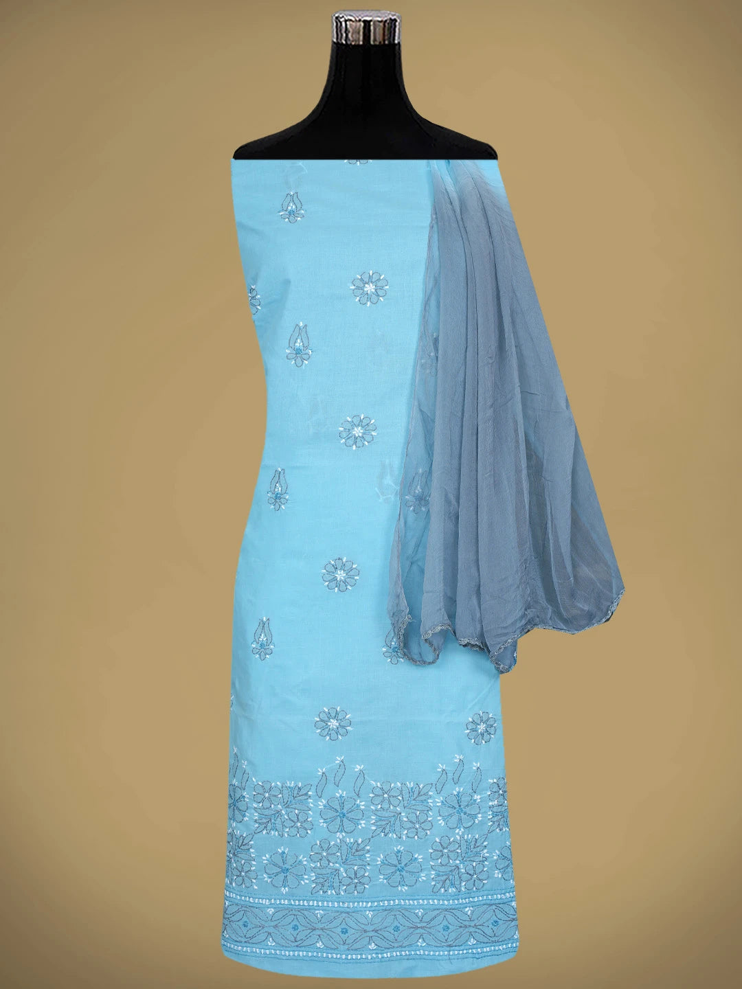 Ada Hand Embroidered Blue Cotton Lucknowi Chikankari Unstitched Suit Piece 01A882409
