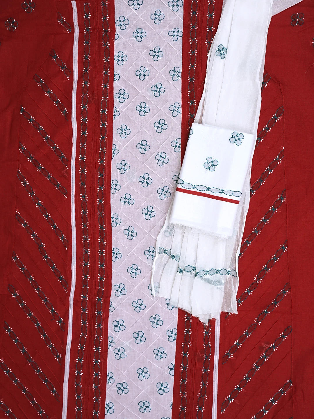 Ada Hand Embroidered Red Cotton Lucknowi Chikankari Unstitched Suit Piece 01A882732