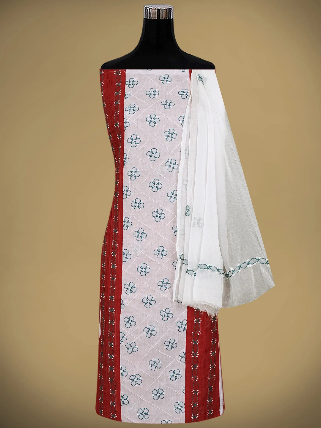 Ada Hand Embroidered Red Cotton Lucknowi Chikankari Unstitched Suit Piece 01A882732