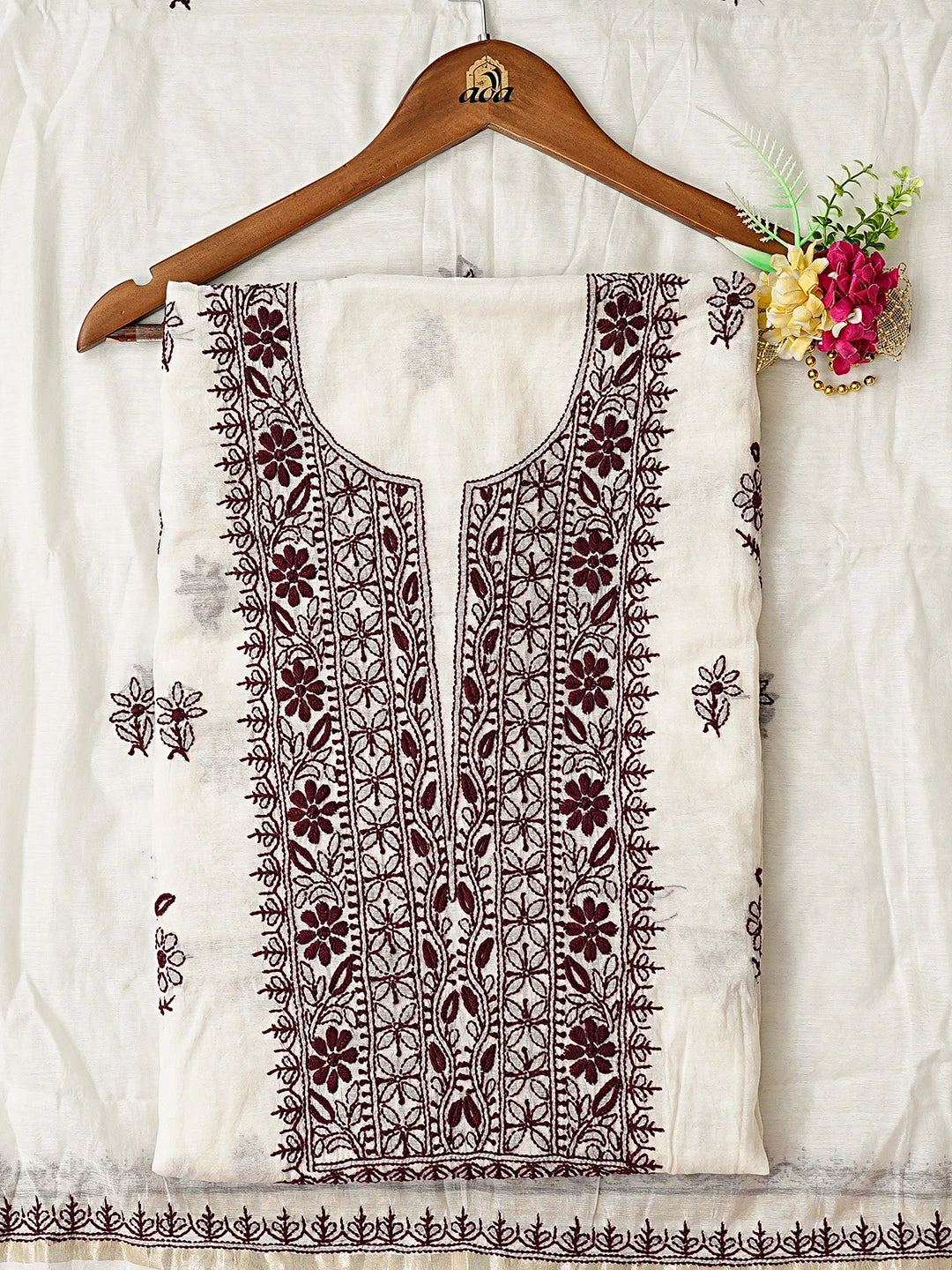 Ada Hand Embroidered White Chanderi Lucknowi Chikankari Unstitched Kurta Dupatta Set 01A883128