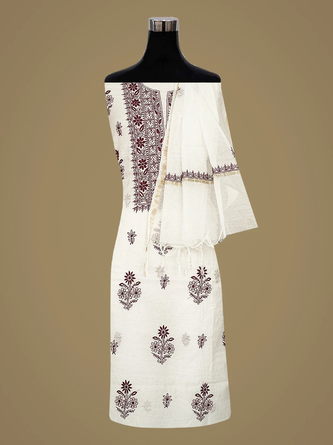 Ada Hand Embroidered White Chanderi Lucknowi Chikankari Unstitched Kurta Dupatta Set 01A883128