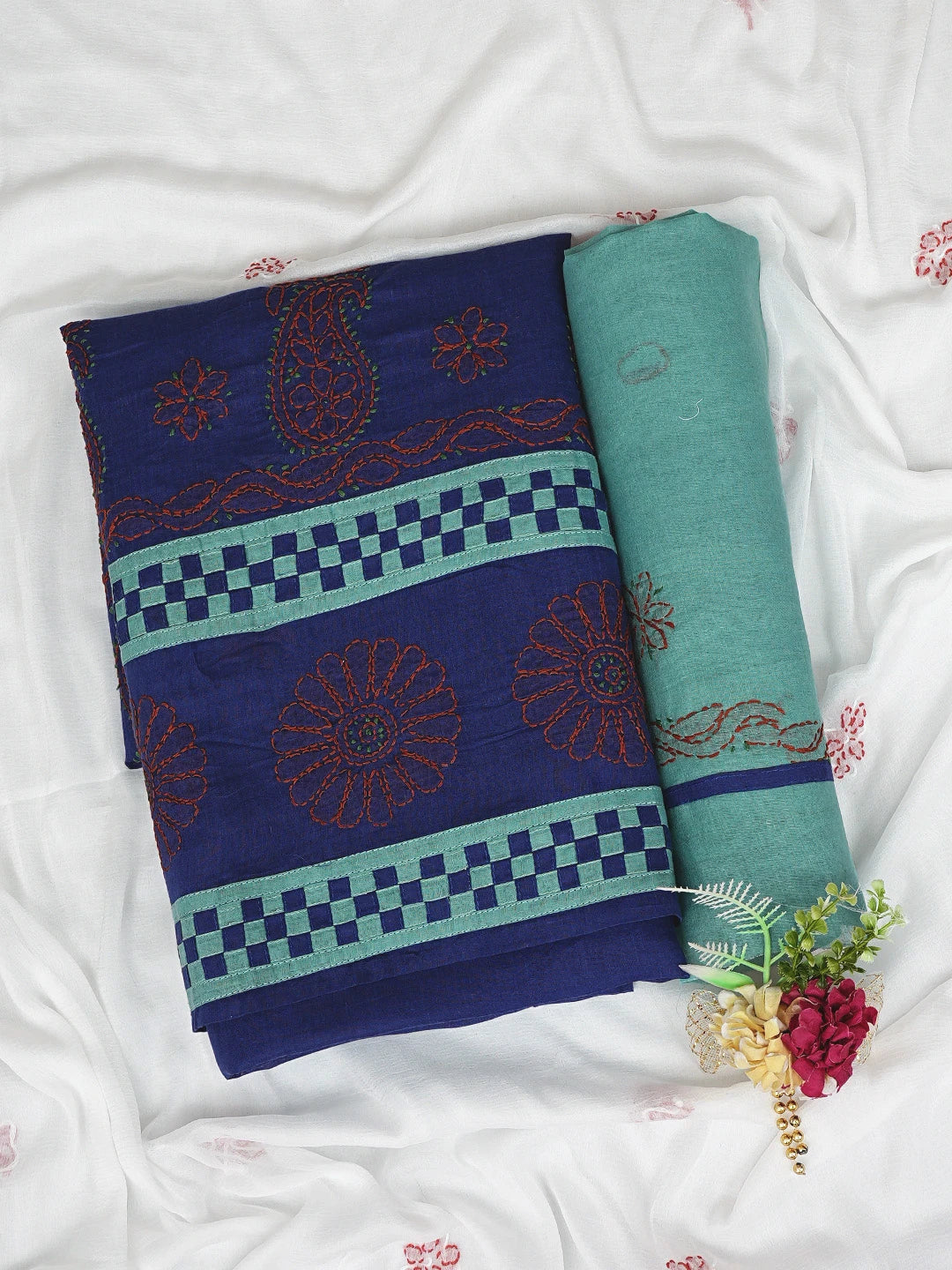 Ada Hand Embroidered Navy Blue Cotton Lucknowi Chikankari Unstitched Suit Piece 01A882757