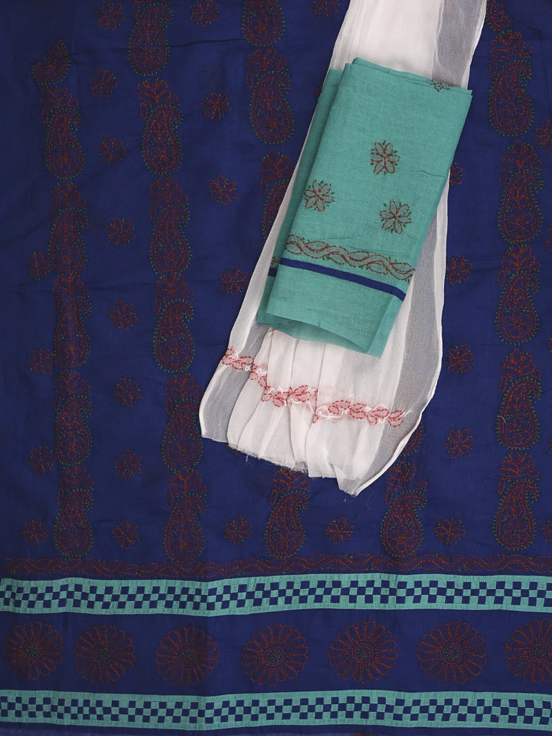 Ada Hand Embroidered Navy Blue Cotton Lucknowi Chikankari Unstitched Suit Piece 01A882757