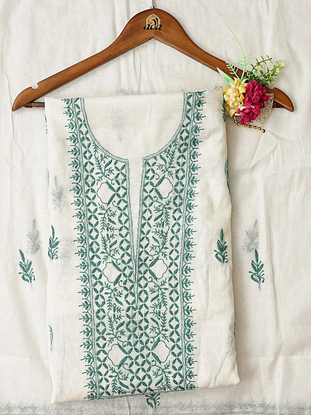 Ada Hand Embroidered White Chanderi Lucknowi Chikankari Unstitched Kurta Dupatta Set 01A883134