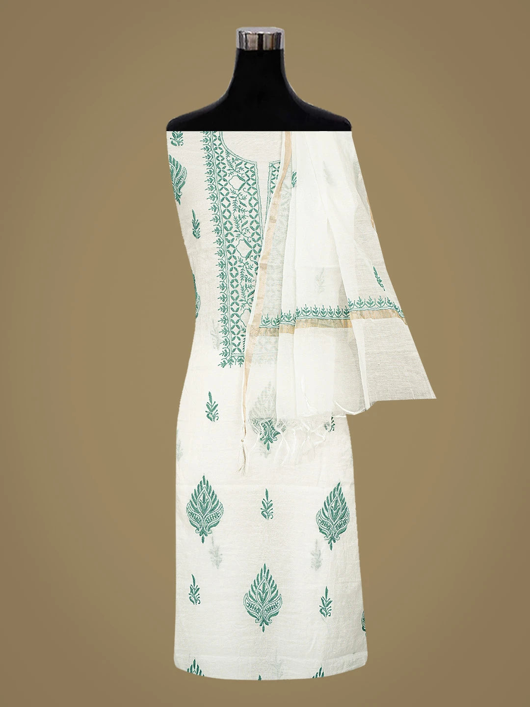 Ada Hand Embroidered White Chanderi Lucknowi Chikankari Unstitched Kurta Dupatta Set 01A883134