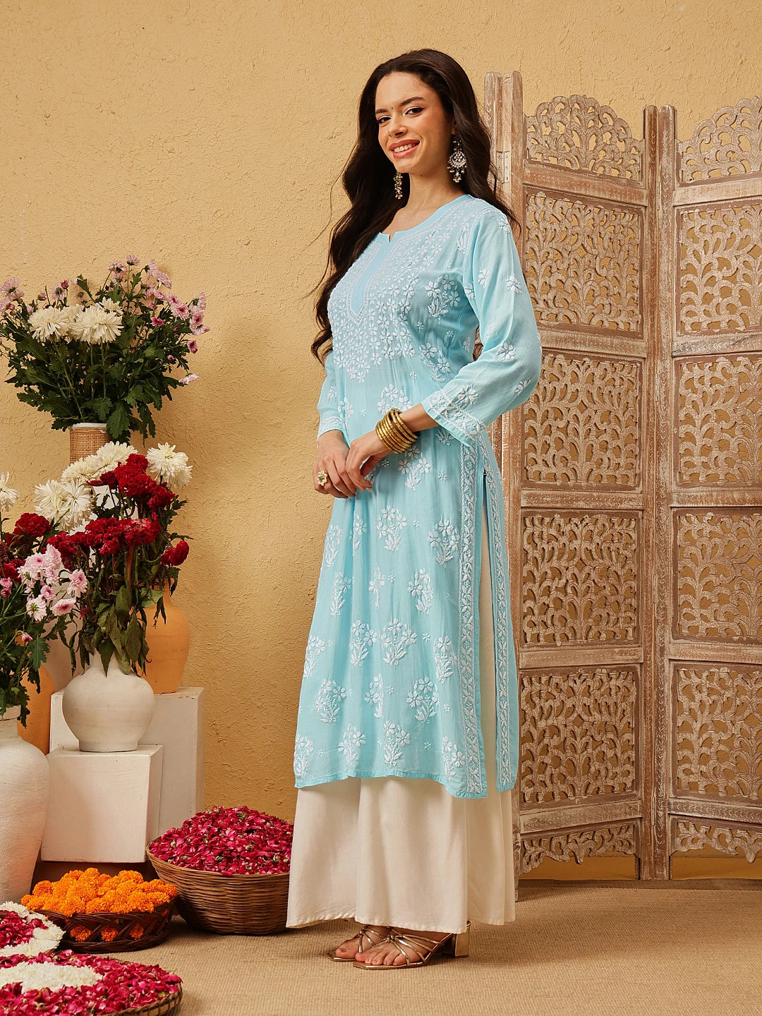 Ada Hand Embroidered Blue Modal Lucknowi Chikankari Straight Kurta A411802