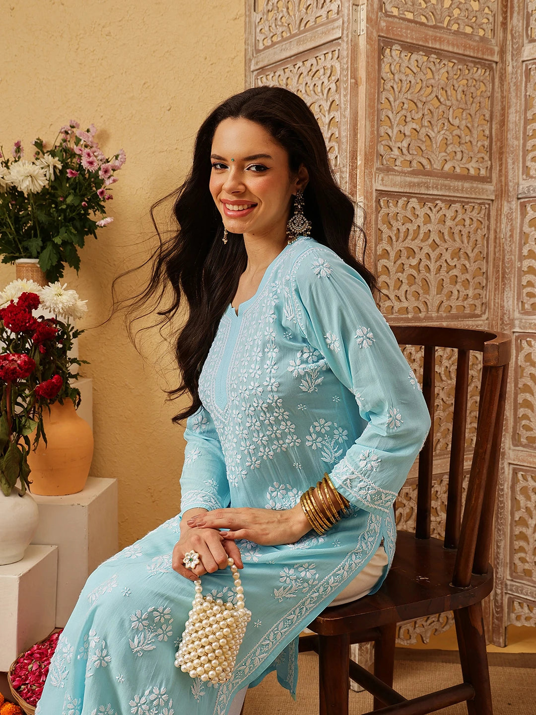 Ada Hand Embroidered Blue Modal Lucknowi Chikankari Straight Kurta A411802