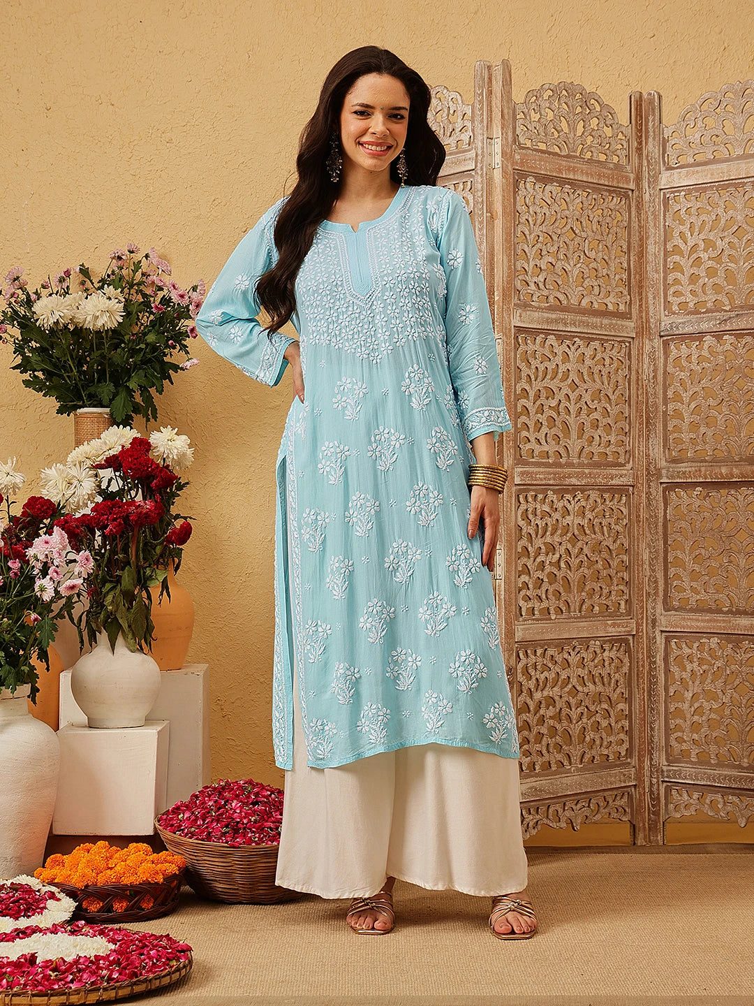 Ada Hand Embroidered Blue Modal Lucknowi Chikankari Straight Kurta A411802