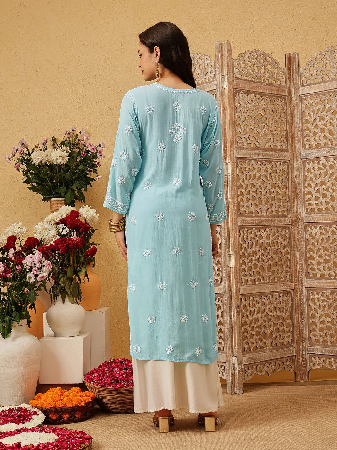 Ada Hand Embroidered Blue Modal Lucknowi Chikankari Straight Kurta A411802