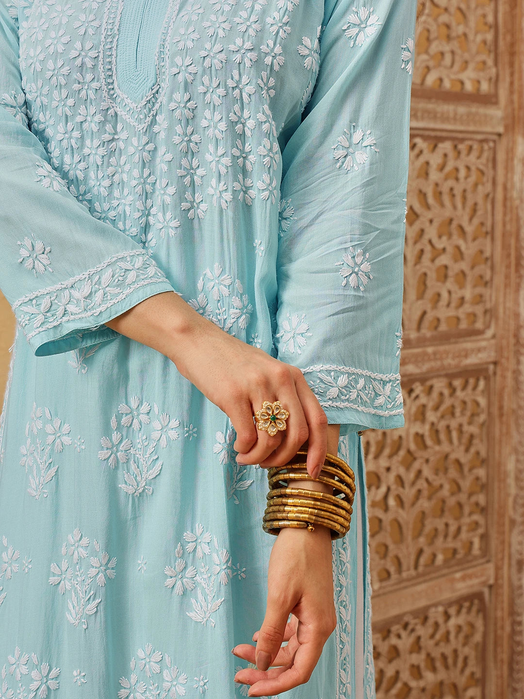 Ada Hand Embroidered Blue Modal Lucknowi Chikankari Straight Kurta A411802
