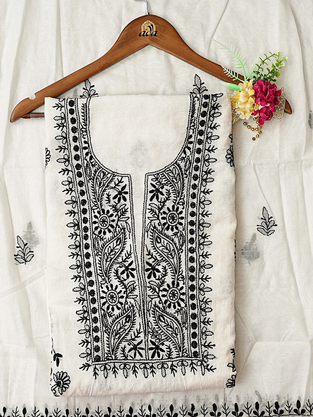 Ada Hand Embroidered White Chanderi Lucknowi Chikankari Unstitched Kurta Dupatta Set 01A883125