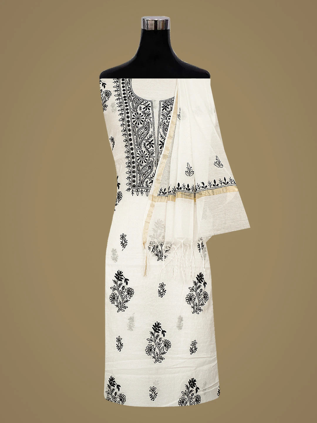 Ada Hand Embroidered White Chanderi Lucknowi Chikankari Unstitched Kurta Dupatta Set 01A883125