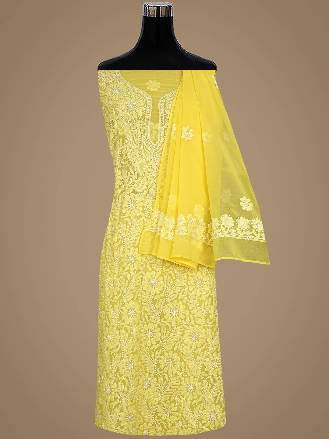 Ada Hand Embroidered Naples Yellow Georgette Lucknowi Chikankari Unstitched Suit Piece 01A884030