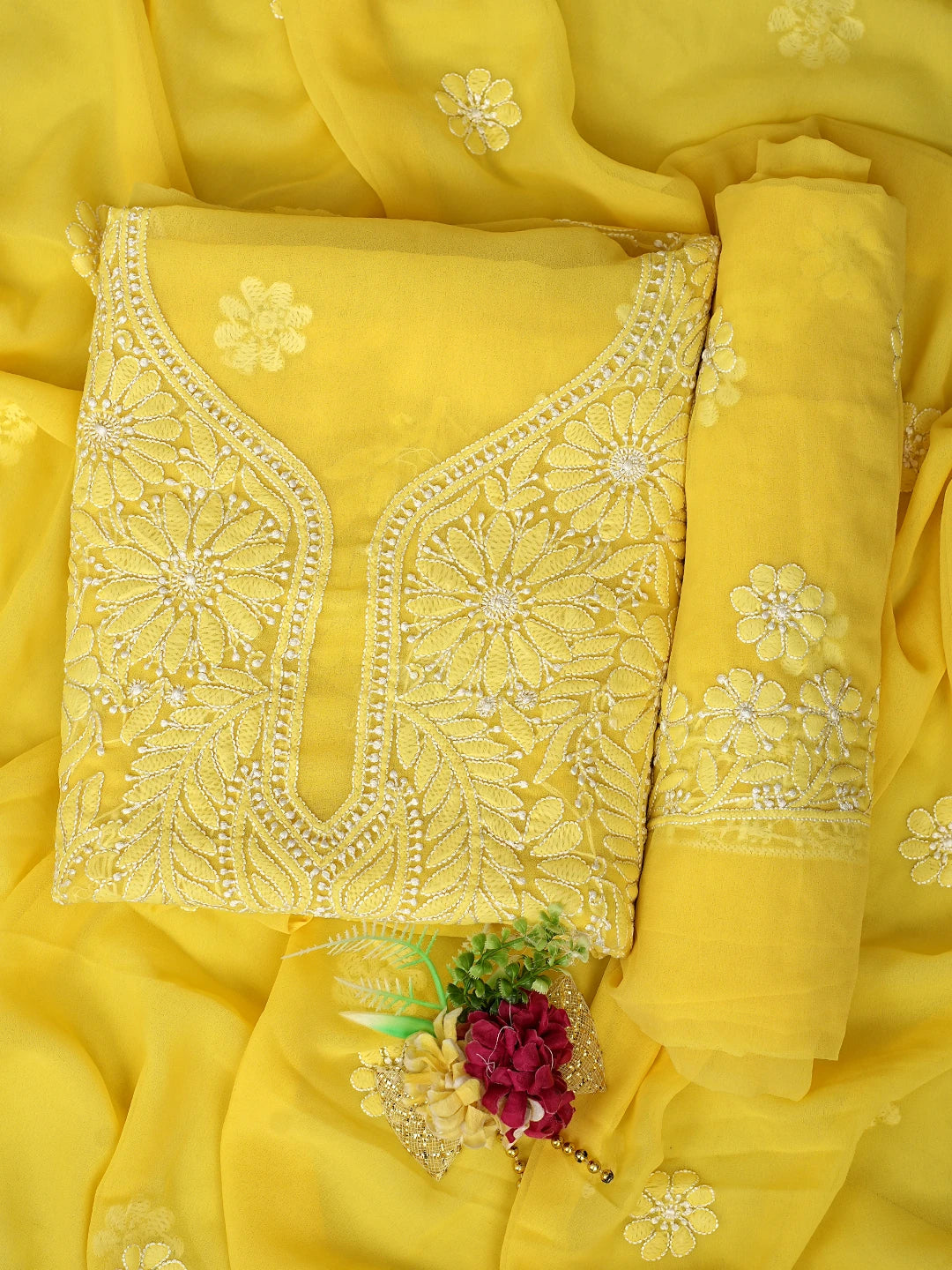 Ada Hand Embroidered Naples Yellow Georgette Lucknowi Chikankari Unstitched Suit Piece 01A884030