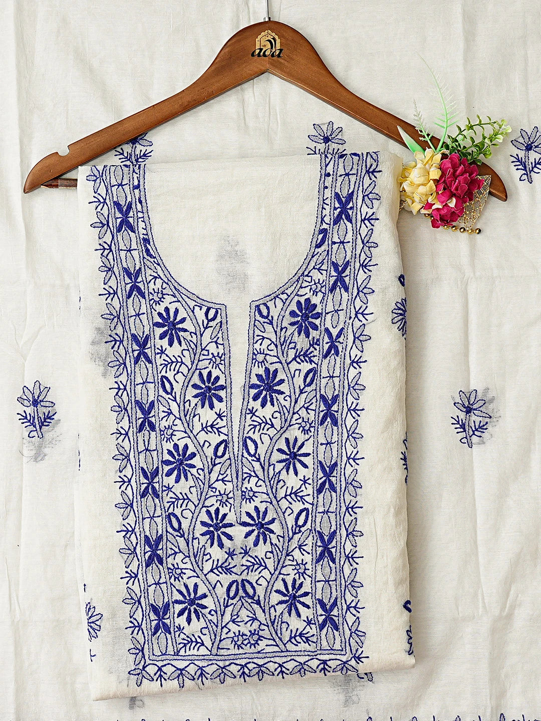 Ada Hand Embroidered White Chanderi Lucknowi Chikankari Unstitched Kurta Dupatta Set 01A883136