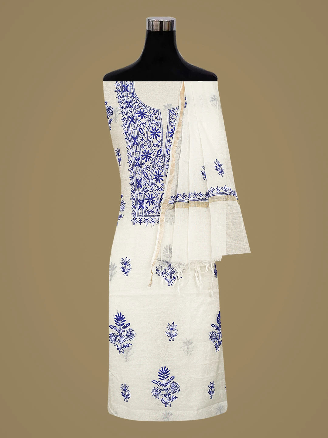 Ada Hand Embroidered White Chanderi Lucknowi Chikankari Unstitched Kurta Dupatta Set 01A883136