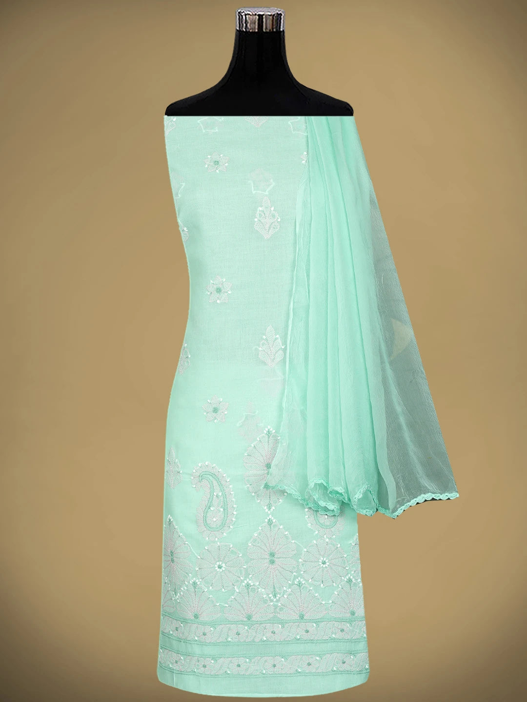 Ada Hand Embroidered Sea Green Cotton Lucknowi Chikankari Unstitched Suit Piece 01A879348